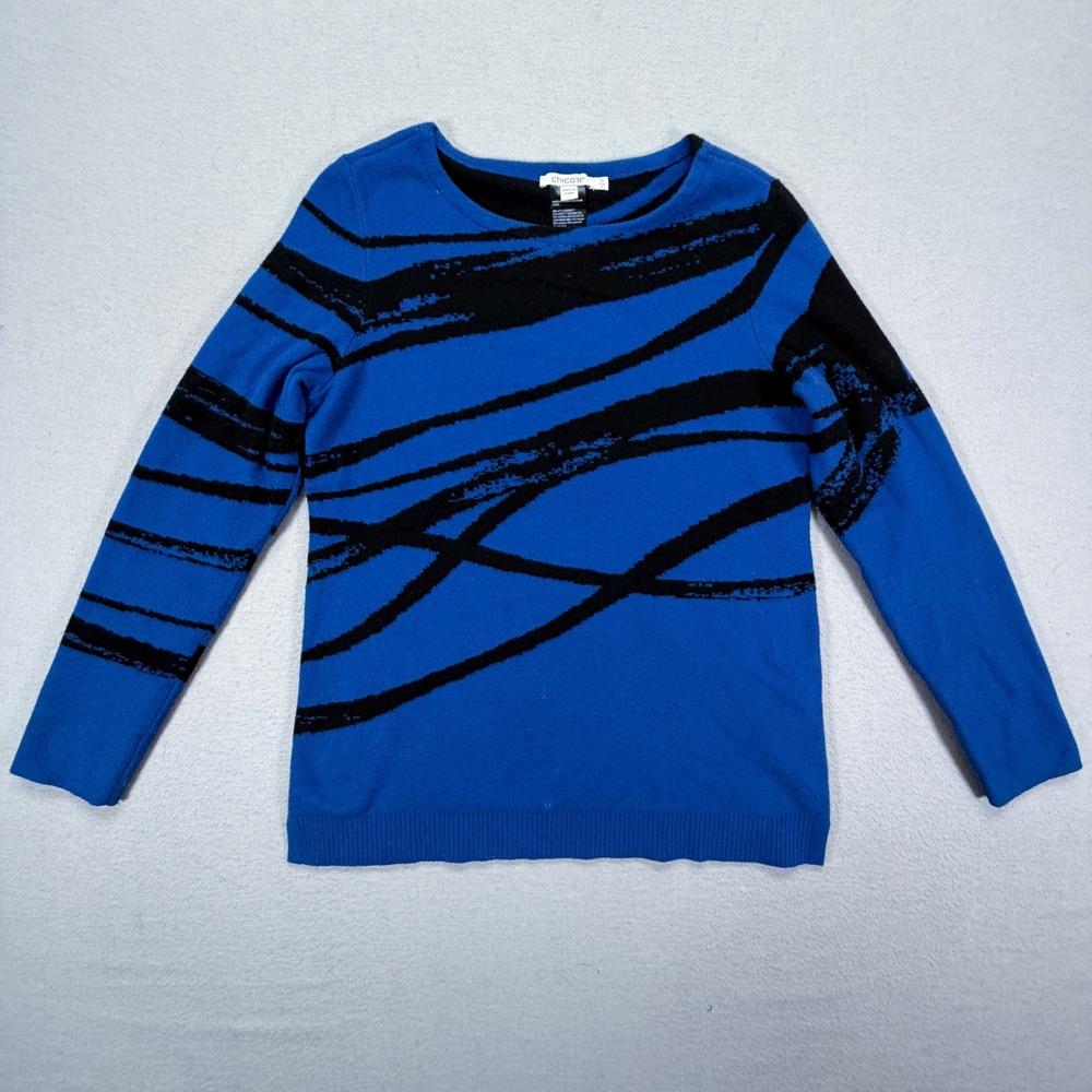 Chico's Sweater Womens Size 0 S Blue Abstract‎ Brushstroke Cashmere Blend